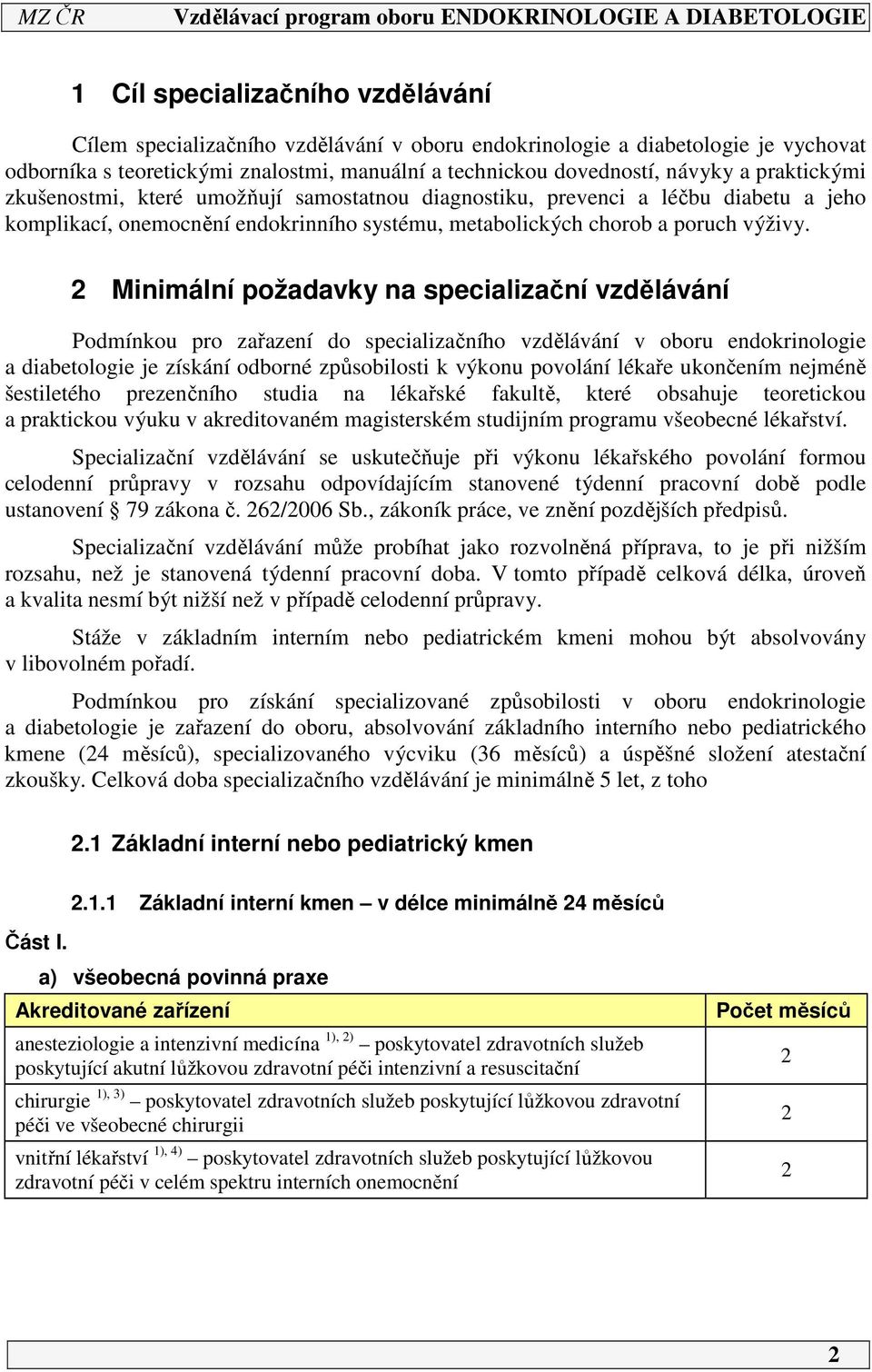 2 Minimální požadavky na specializační vzdělávání Podmínkou pro zařazení do specializačního vzdělávání v oboru endokrinologie a diabetologie je získání odborné způsobilosti k výkonu povolání lékaře