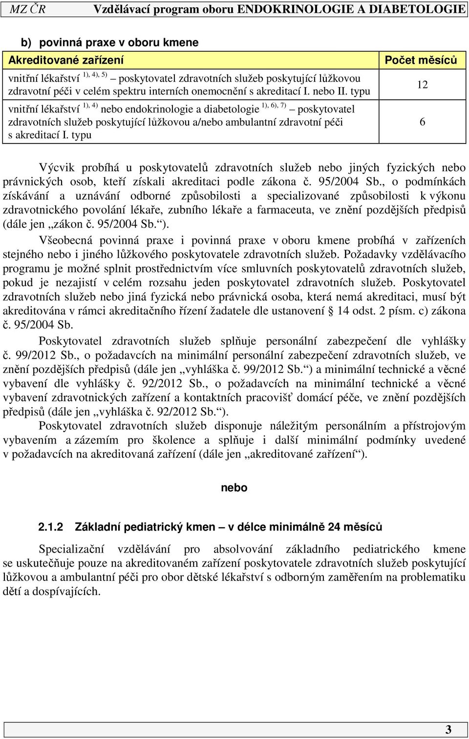 typu Počet měsíců 12 6 Výcvik probíhá u poskytovatelů zdravotních služeb nebo jiných fyzických nebo právnických osob, kteří získali akreditaci podle zákona č. 95/2004 Sb.