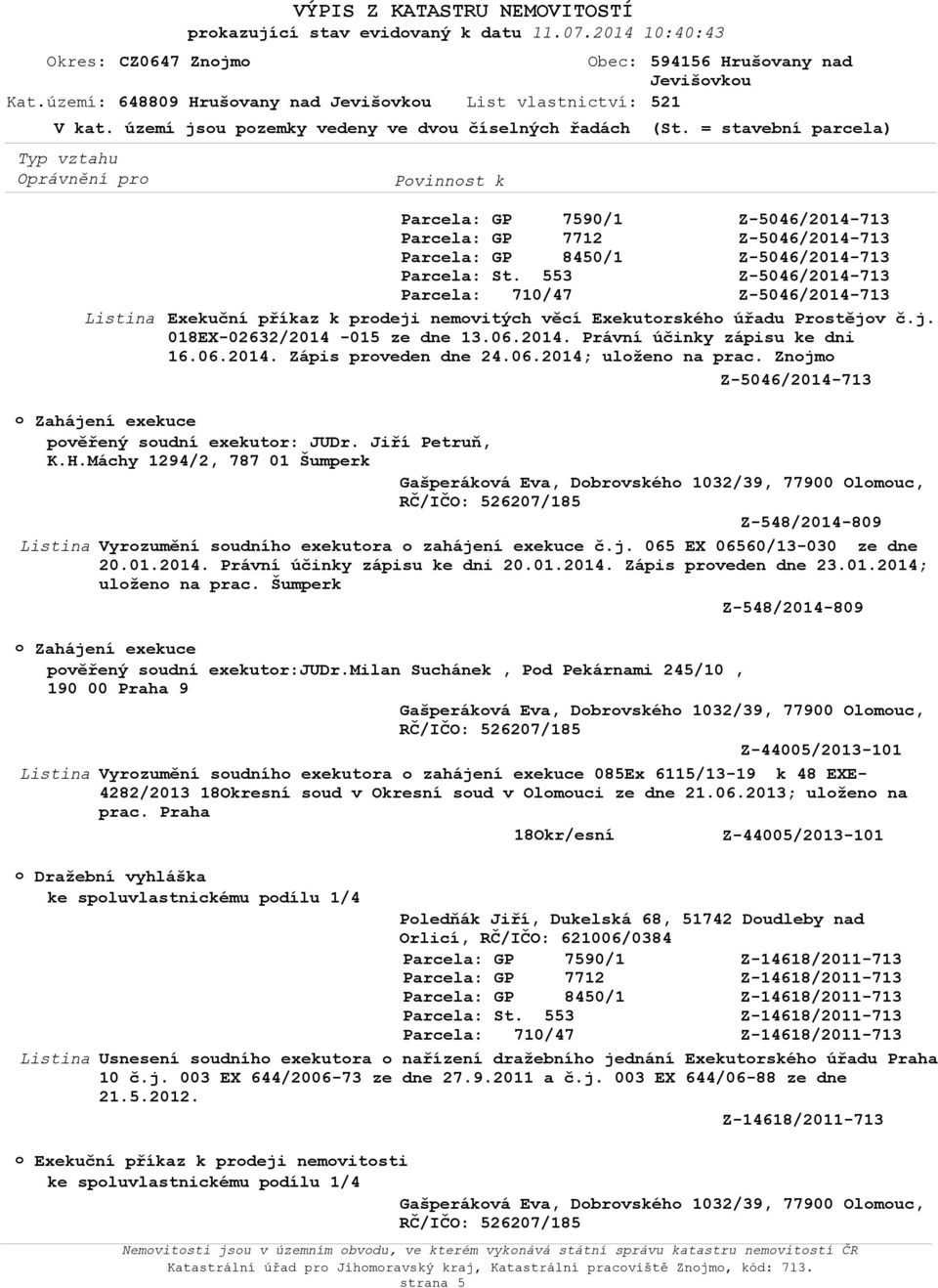 06.2014. Právní účinky zápisu ke dni 16.06.2014. Zápis prveden dne 24.06.2014; ulžen na prac. Znjm Zahájení exekuce pvěřený sudní exekutr: JUDr. Jiří Petruň, K.H.