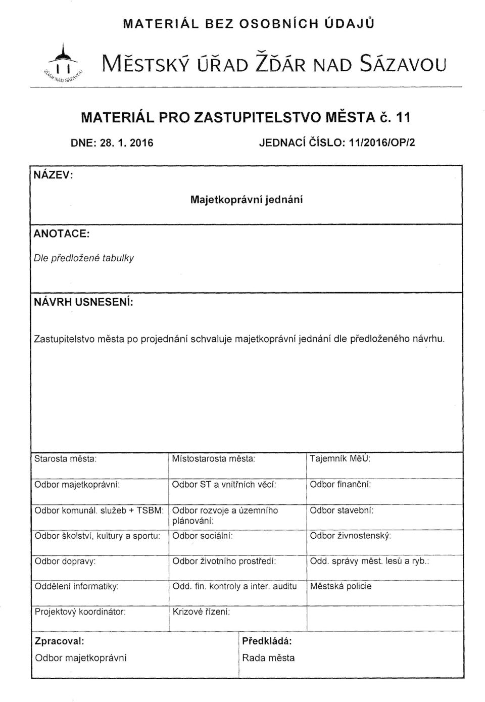 2016 JEDNACi CiSLO: 11/2016/0P/2 NAZEV: Majetkopravni jednani ANOTACE: Ole pfedlozene tabulky NAVRH USNESENi: Zastupitelstvo mesta po projednanl schvaluje majetkopravnf jednanf die predlozeneho