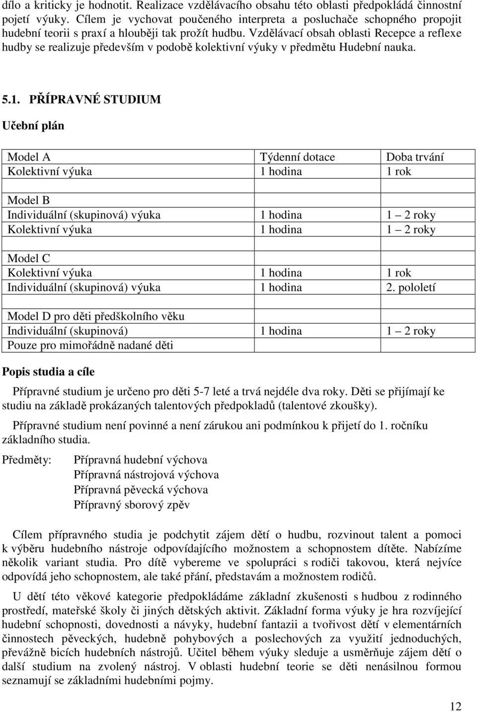 Vzdělávací obsah oblasti Recepce a reflexe hudby se realizuje především v podobě kolektivní výuky v předmětu Hudební nauka. 5.1.