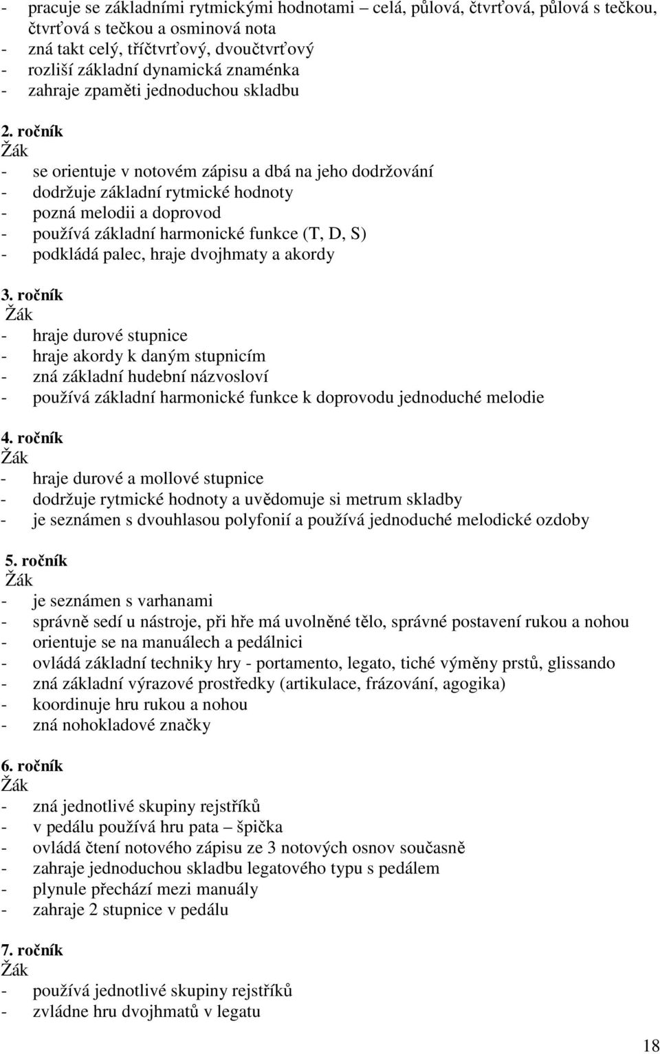 ročník - se orientuje v notovém zápisu a dbá na jeho dodržování - dodržuje základní rytmické hodnoty - pozná melodii a doprovod - používá základní harmonické funkce (T, D, S) - podkládá palec, hraje