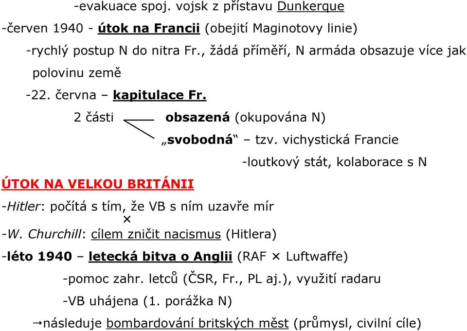 2 části obsazená (okupována N) ÚTOK NA VELKOU BRITÁNII -Hitler: počítá s tím, že VB s ním uzavře mír -W.