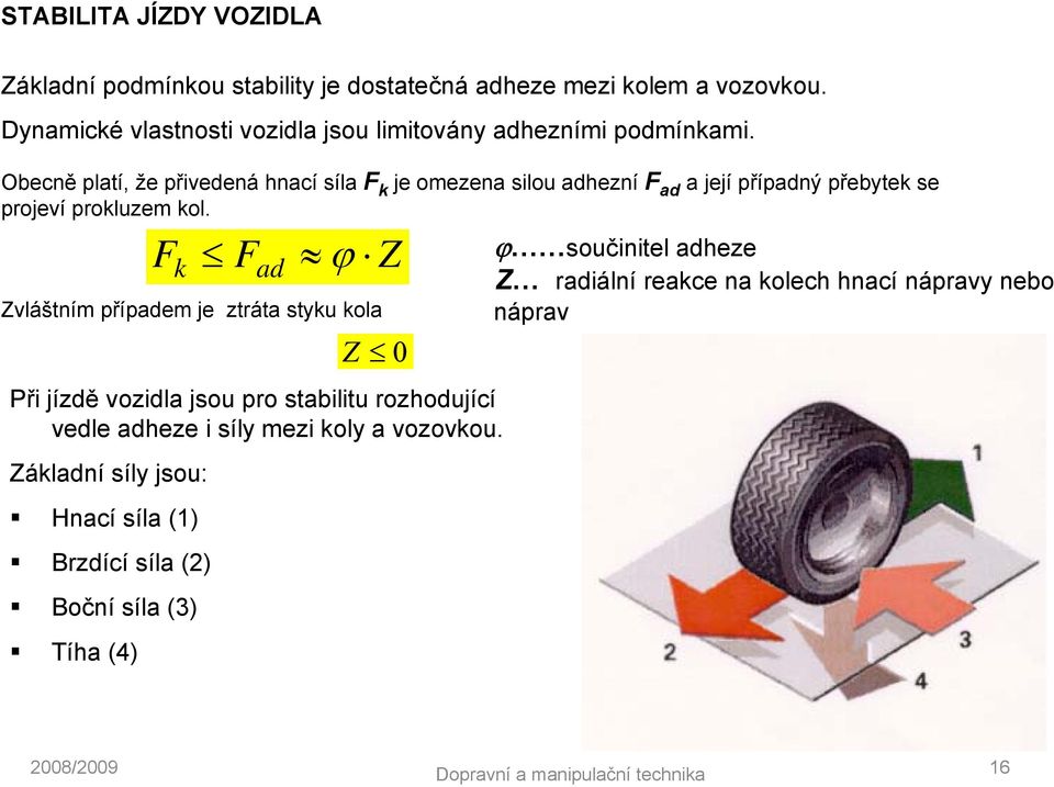 Obecně platí, že přivedená hnací síla F je omezena silou adhezní F ad a její případný přebyte se pojeví poluzem ol.