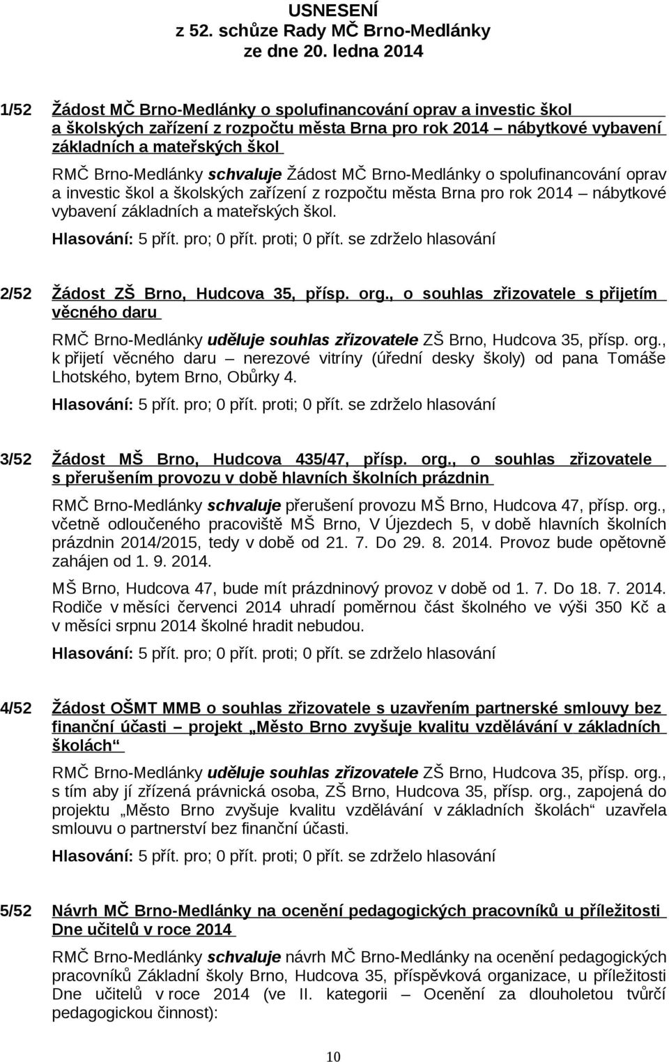 Brno-Medlánky schvaluje Žádost MČ Brno-Medlánky o spolufinancování oprav a investic škol a školských zařízení z rozpočtu města Brna pro rok 2014 nábytkové vybavení základních a mateřských škol.