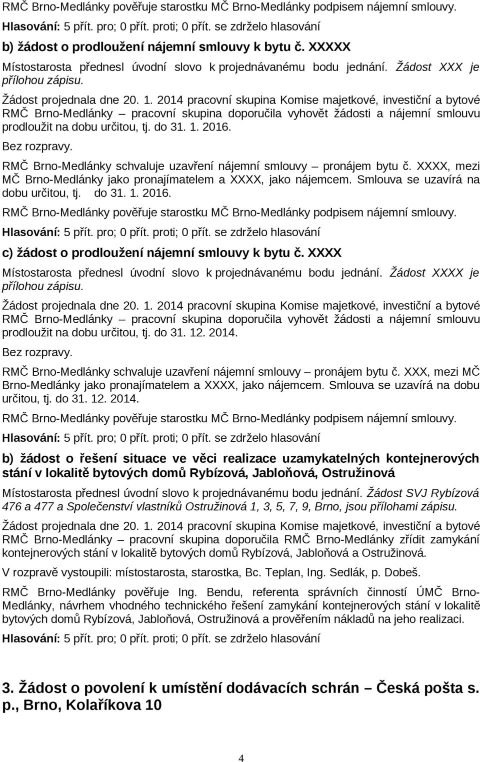 2014 pracovní skupina Komise majetkové, investiční a bytové RMČ Brno-Medlánky pracovní skupina doporučila vyhovět žádosti a nájemní smlouvu prodloužit na dobu určitou, tj. do 31. 1. 2016.