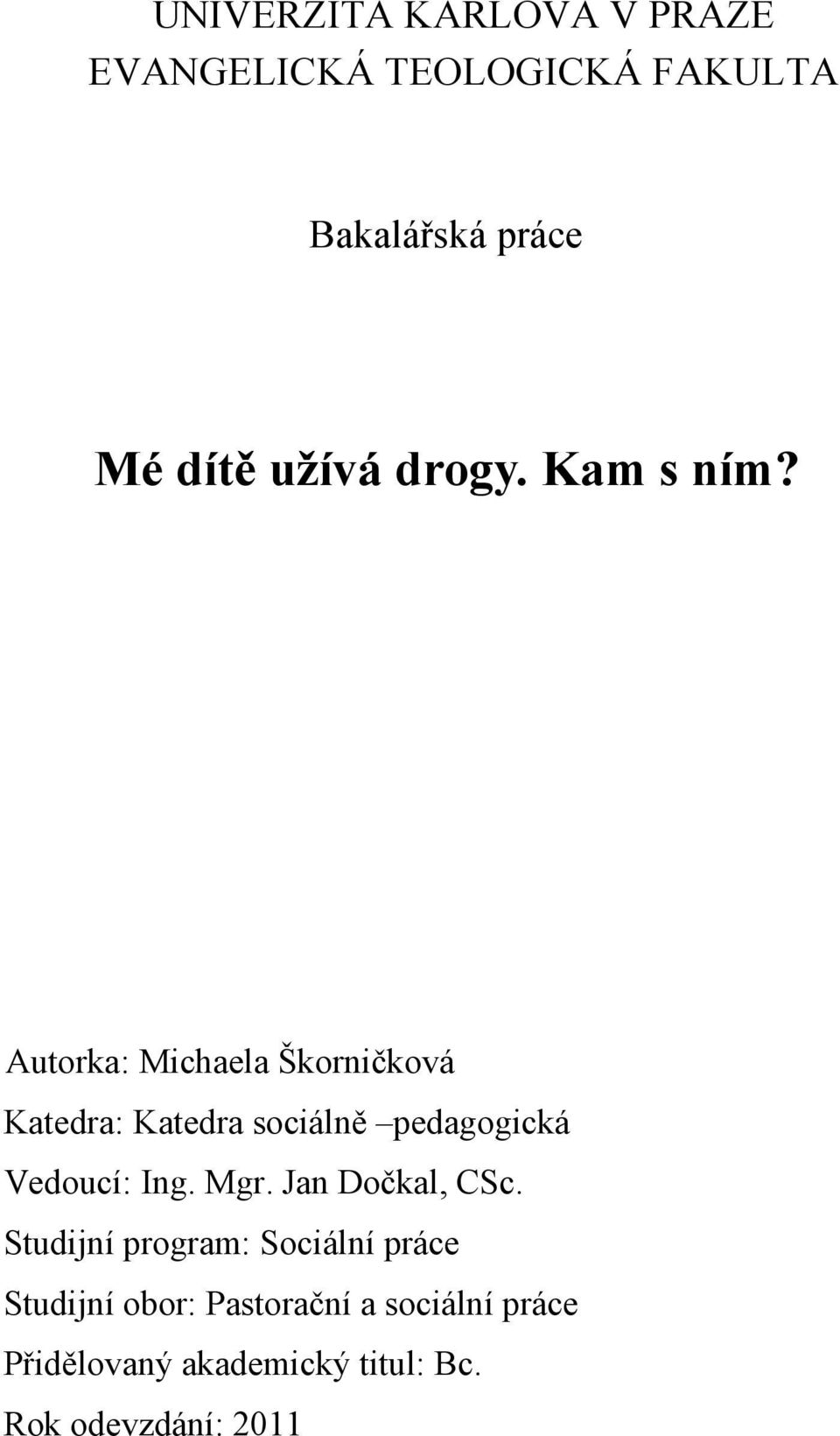 Autorka: Michaela Škorničková Katedra: Katedra sociálně pedagogická Vedoucí: Ing.