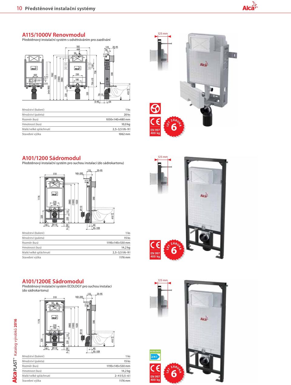 (kus) Malé/velké spláchnutí Stavební výška 15 ks 1195 145 530 mm 14,2 kg 2,5 3,5 l/6 9 l 1176 mm EN 997 400 kg LET ZÁRUKA 6 A101/1200E Sádromodul Předstěnový instalační systém ECOLOGY pro