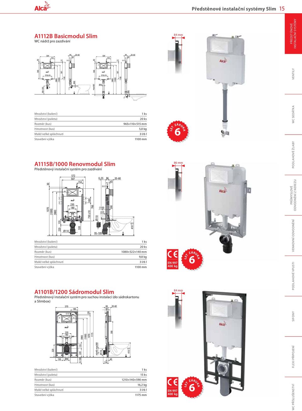 (kus) Hmotnost (kus) Malé/velké spláchnutí Stavební výška 1080 522 140 mm 9,8 kg 3 l/6 l 1100 mm A1101B/1200 Sádromodul Slim Předstěnový instalační systém pro suchou instalaci (do sádrokartonu a