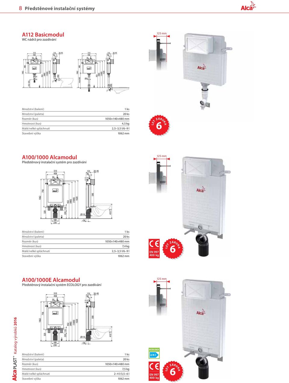 spláchnutí Stavební výška 1050 140 480 mm 7,4 kg 2,5 3,5 l/6 9 l 1062 mm EN 997 400 kg LET ZÁRUKA 6 A100/1000E Alcamodul Předstěnový instalační systém ECOLOGY pro