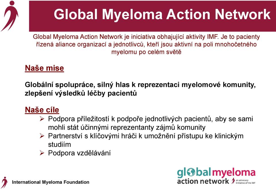 Globální spolupráce, silný hlas k reprezentaci myelomové komunity, zlepšení výsledků léčby pacientů Naše cíle Podpora příležitostí k