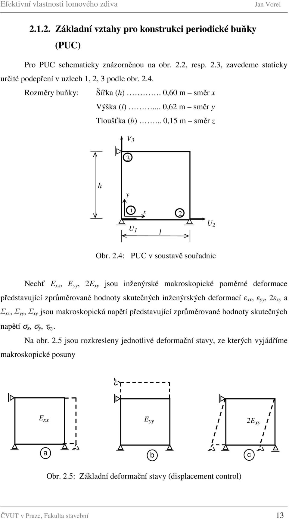 U 2 U 1 l Obr. 2.4: PUC v soustavě souřadnic Nechť E xx, E yy, 2E xy jsou inženýrské makroskopické poměrné deformace představující zprůměrované hodnoty skutečných inženýrských deformací ε xx, ε yy,