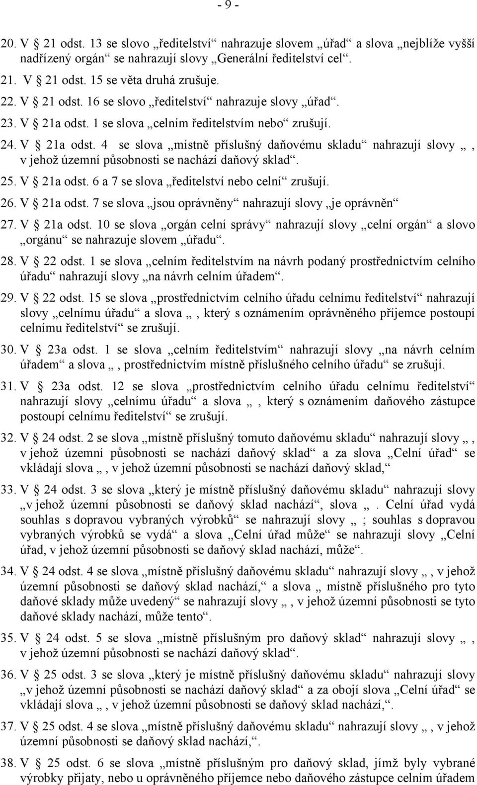 25. V 21a odst. 6 a 7 se slova ředitelství nebo celní zrušují. 26. V 21a odst. 7 se slova jsou oprávněny nahrazují slovy je oprávněn 27. V 21a odst. 10 se slova orgán celní správy nahrazují slovy celní orgán a slovo orgánu se nahrazuje slovem úřadu.