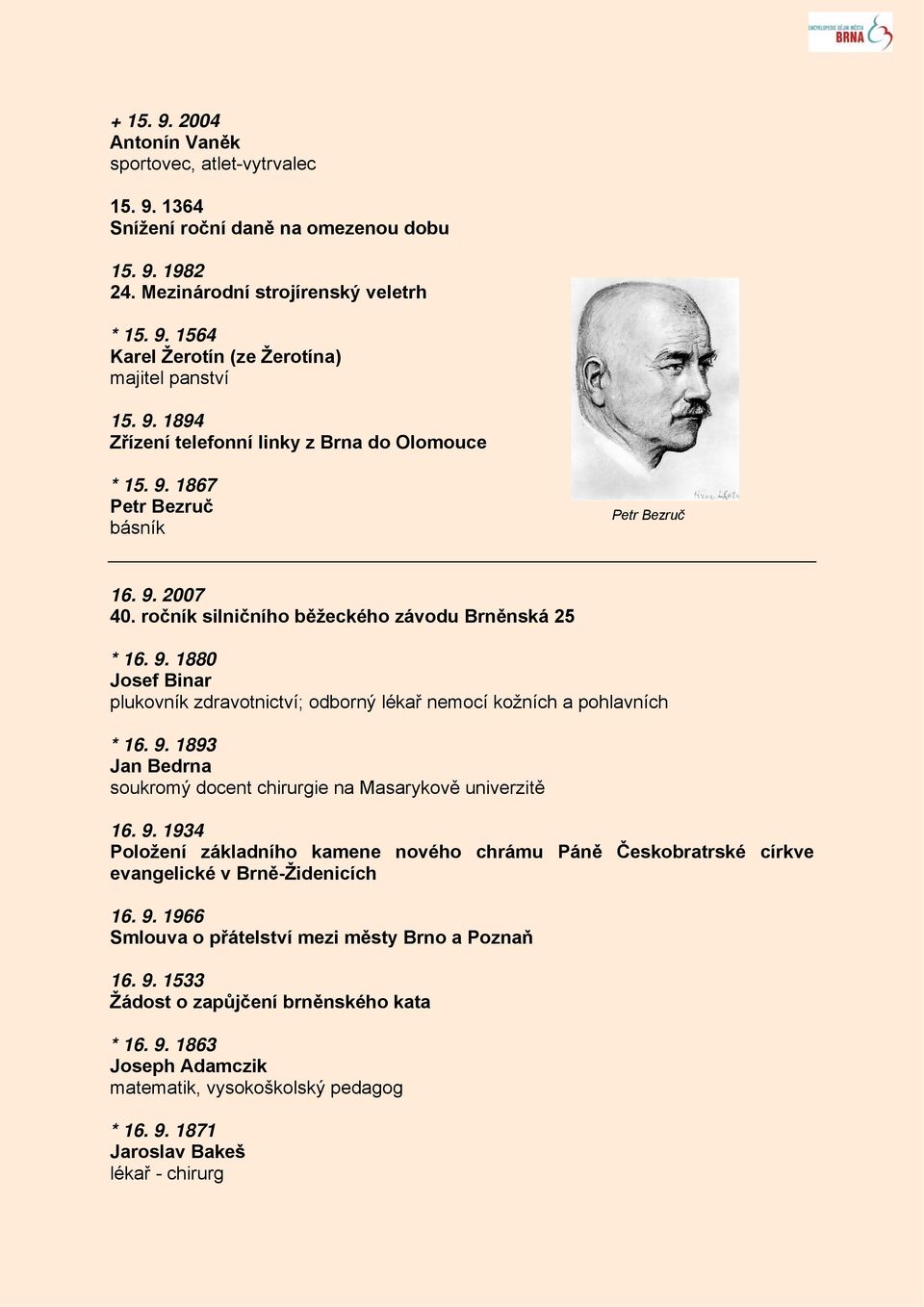 9. 1893 Jan Bedrna soukromý docent chirurgie na Masarykově univerzitě 16. 9. 1934 Položení základního kamene nového chrámu Páně Českobratrské církve evangelické v Brně-Židenicích 16. 9. 1966 Smlouva o přátelství mezi městy Brno a Poznaň 16.