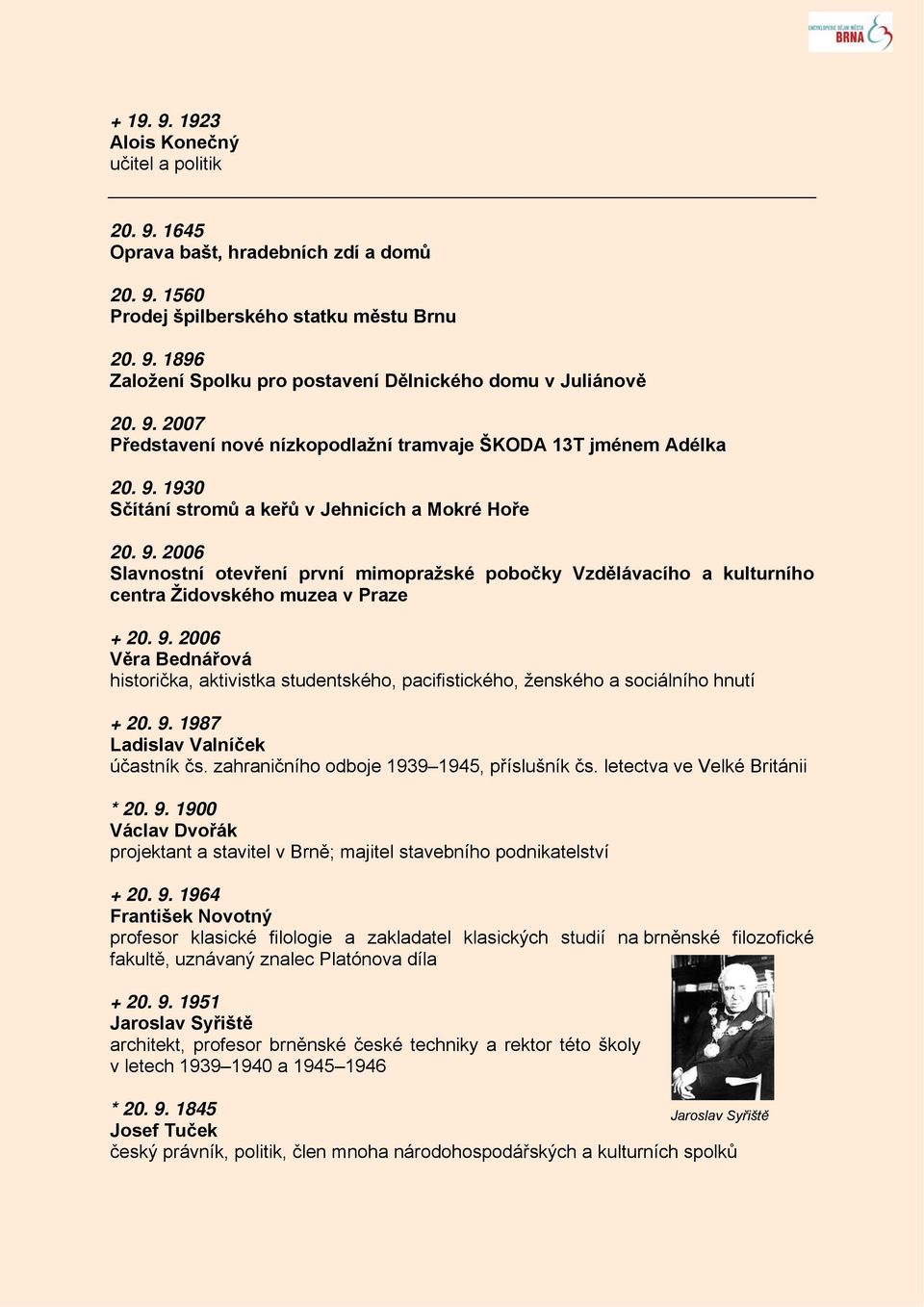 9. 2006 Věra Bednářová historička, aktivistka studentského, pacifistického, ženského a sociálního hnutí + 20. 9. 1987 Ladislav Valníček účastník čs. zahraničního odboje 1939 1945, příslušník čs.