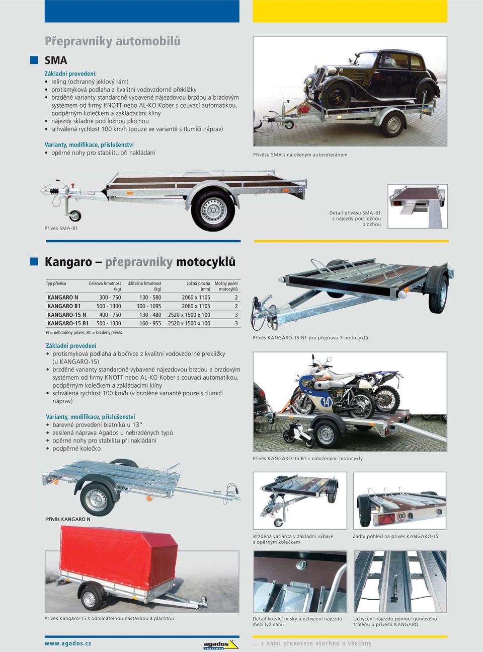 pro stabilitu při nakládání Přívěsu SMA s naloženým autoveteránem Přívěs SMA-B1 Detail přívěsu SMA-B1 s nájezdy pod ložnou plochou Kangaro přepravníky motocyklů Typ přívěsu Celková hmotnost Užitečná