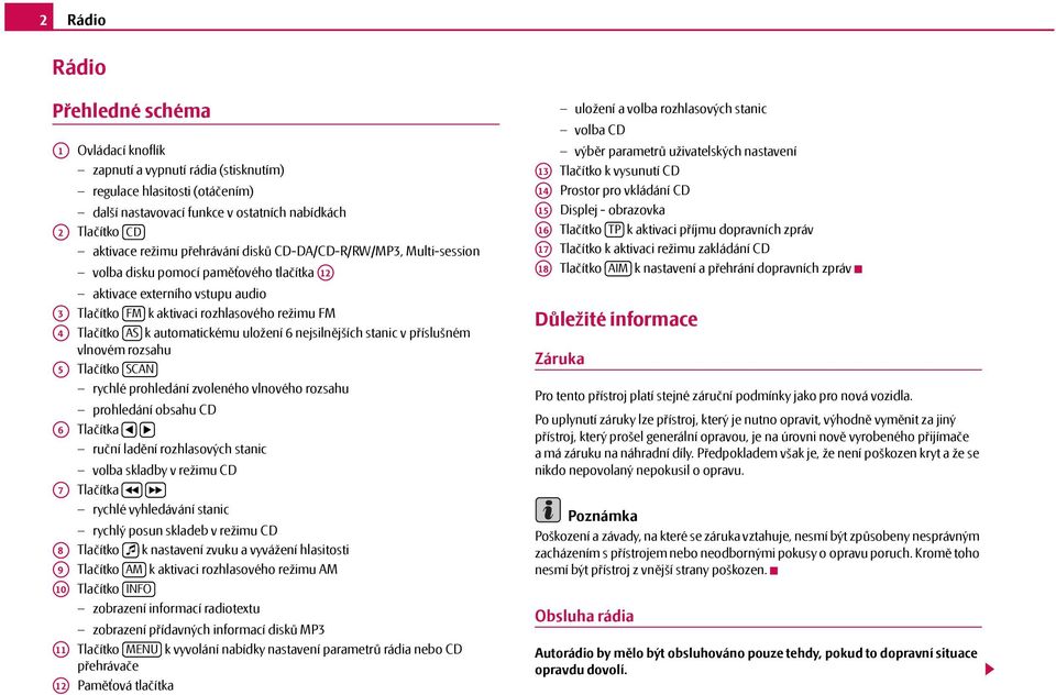 automatickému uložení 6 nejsilnějších stanic v příslušném vlnovém rozsahu A5 Tlačítko SCAN rychlé prohledání zvoleného vlnového rozsahu prohledání obsahu CD A6 Tlačítka ruční ladění rozhlasových