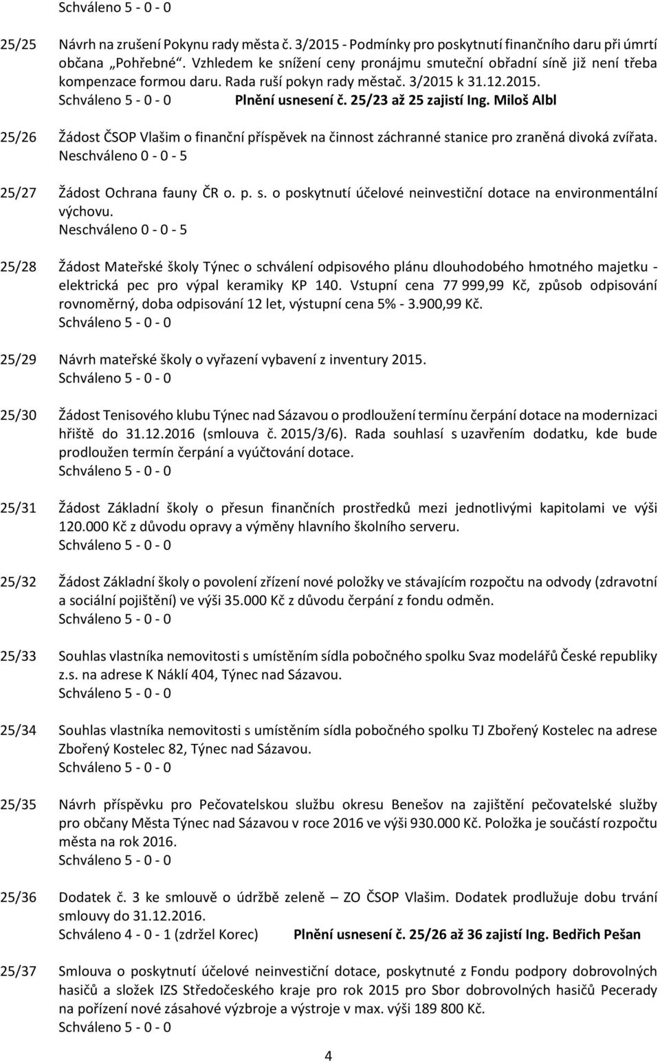 Miloš Albl 25/26 Žádost ČSOP Vlašim o finanční příspěvek na činnost záchranné stanice pro zraněná divoká zvířata. Neschváleno 0-0 - 5 25/27 Žádost Ochrana fauny ČR o. p. s. o poskytnutí účelové neinvestiční dotace na environmentální výchovu.