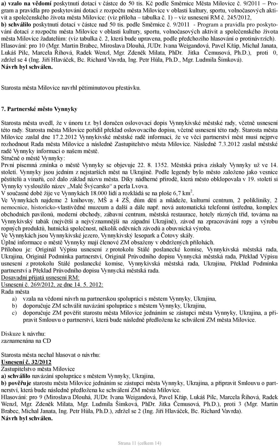 1) viz usnesení RM č. 245/2012, b) schválilo poskytnutí dotací v částce nad 50 tis. podle Směrnice č.