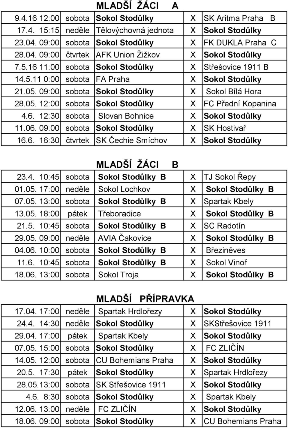 6. 12:30 sobota Slovan Bohnice X Sokol Stodůlky 11.06. 09:00 sobota Sokol Stodůlky X SK Hostivař 16.6. 16:30 čtvrtek SK Čechie Smíchov X Sokol Stodůlky MLADŠÍ ŽÁCI B 23.4.