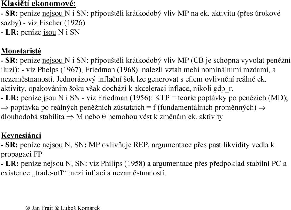 (1967), Friedman (1968): nalezli vztah mehi nominálními mzdami, a nezeměstnaností. Jednorázový inflační šok lze generovat s cílem ovlivnění reálné ek.