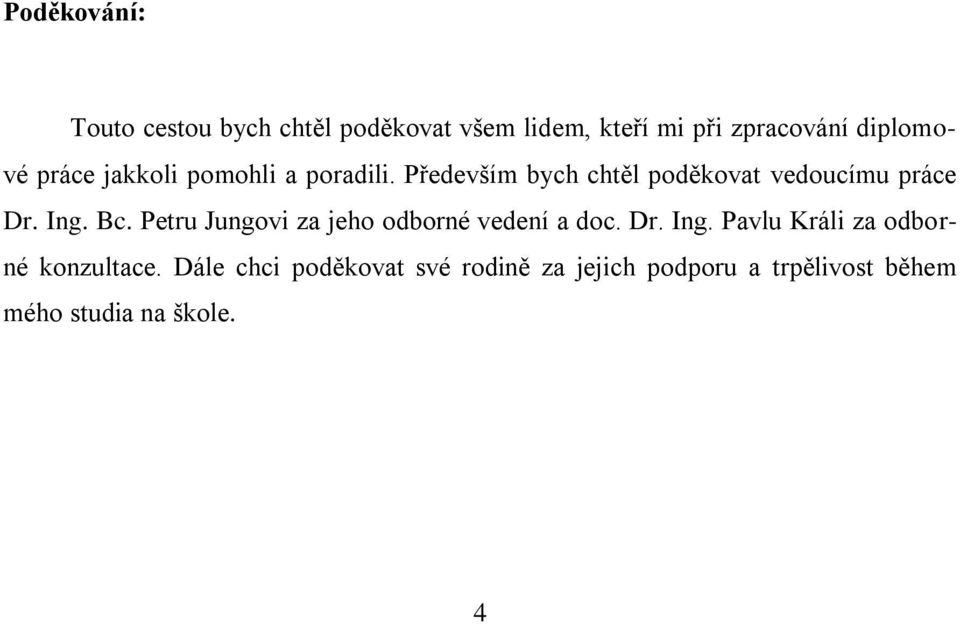 Bc. Petru Jungovi za jeho odborné vedení a doc. Dr. Ing. Pavlu Králi za odborné konzultace.
