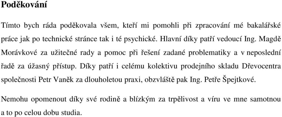 Magdě Morávkové za užitečné rady a pomoc při řešení zadané problematiky a v neposlední řadě za úžasný přístup.