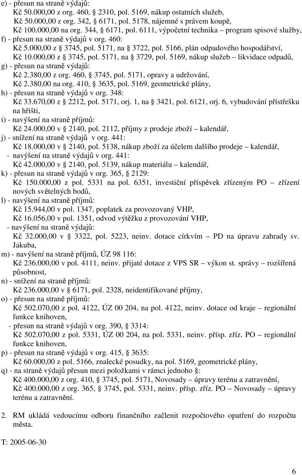 5169, nákup služeb likvidace odpadů, g) - přesun na straně výdajů: Kč 2.380,00 z org. 460, 3745, pol. 5171, opravy a udržování, Kč 2.380,00 na org. 410, 3635, pol.