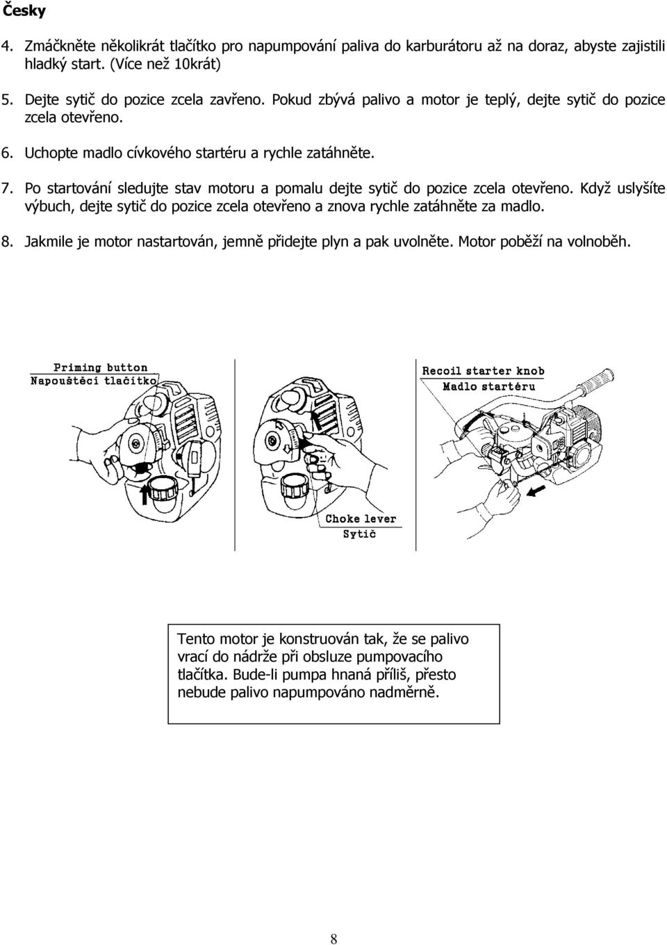 Po startování sledujte stav motoru a pomalu dejte sytič do pozice zcela otevřeno. Když uslyšíte výbuch, dejte sytič do pozice zcela otevřeno a znova rychle zatáhněte za madlo. 8.
