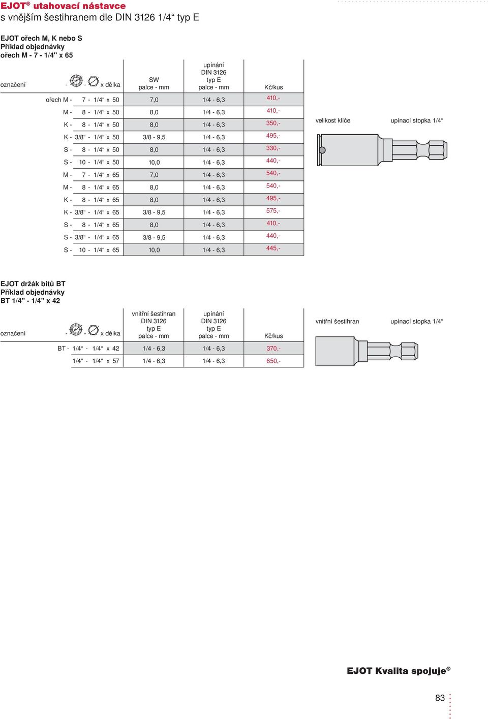 8-1/4 x 65 540,- K - 8-1/4 x 65 4,- K - 3/8-1/4 x 65 575,- S - 8-1/4 x 65 4,- S - 3/8-1/4 x 65 S - - 1/4 x 65,0 445,- EJOT držák bitů BT BT 1/4" -