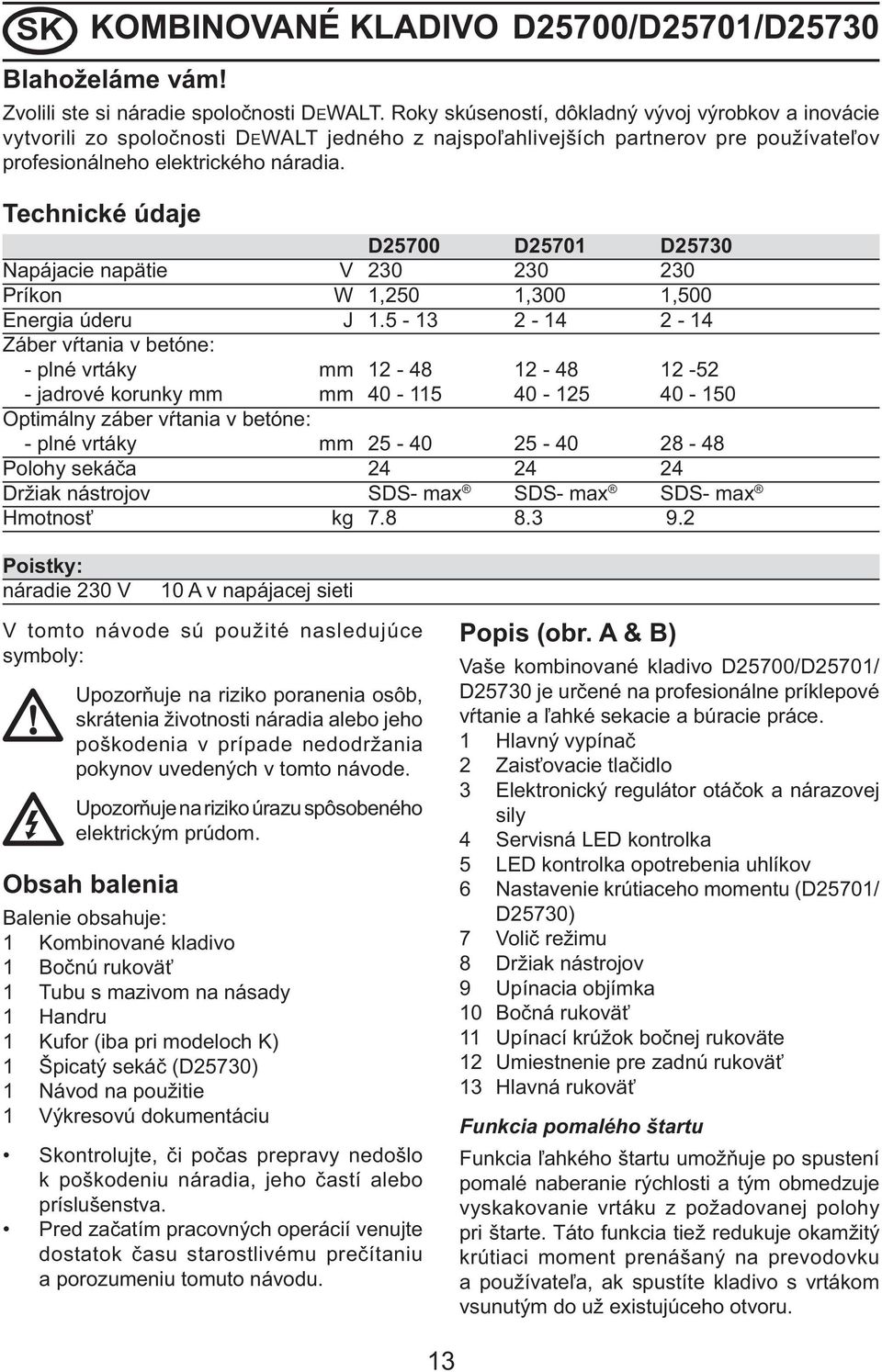Technické údaje D25700 D25701 D25730 Napájacie napätie V 230 230 230 Príkon W 1,250 1,300 1,500 Energia úderu J 1.