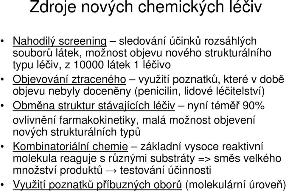 stávajících léčiv nyní téměř 90% ovlivnění farmakokinetiky, malá možnost objevení nových strukturálních typů Kombinatoriální chemie základní vysoce