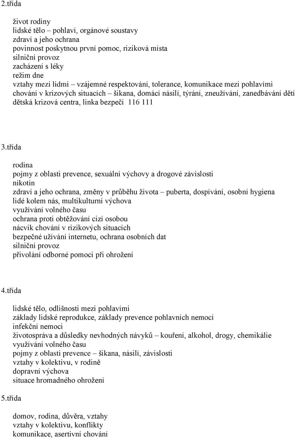 třída rodina pojmy z oblasti prevence, sexuální výchovy a drogové závislosti nikotin zdraví a jeho ochrana, změny v průběhu života puberta, dospívání, osobní hygiena lidé kolem nás, multikulturní