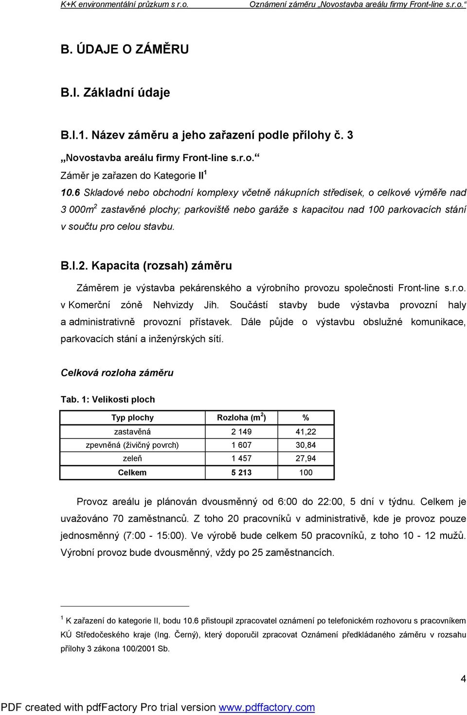 I.2. Kapacita (rozsah) záměru Záměrem je výstavba pekárenského a výrobního provozu společnosti Front-line s.r.o. v Komerční zóně Nehvizdy Jih.