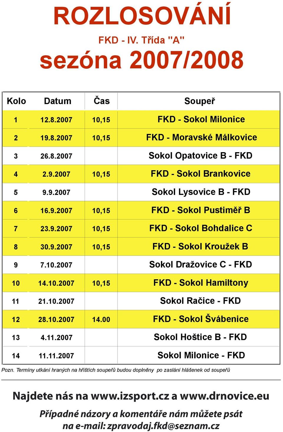 9.2007 Sokol Lysovice B - FKD 5 9.9.2007 Sokol Lysovice B - FKD 6 16.9.2007 10,15 FKD - Sokol Pustim B 6 16.9.2007 10,15 FKD - Sokol Pustim B 7 23.9.2007 10,15 FKD - Sokol Bohdalice C 7 23.9.2007 10,15 FKD - Sokol Bohdalice C 8 30.