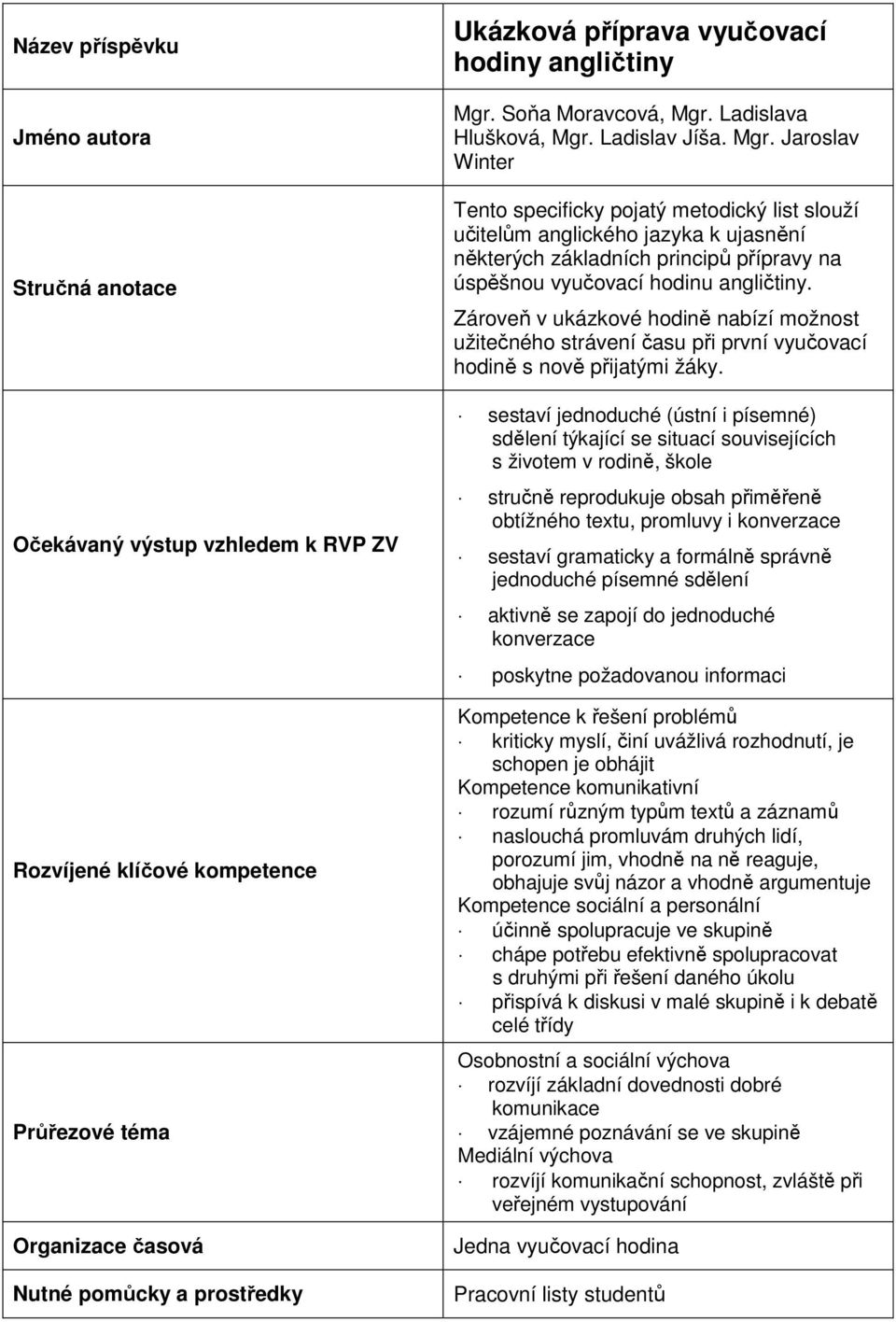 Zároveň v ukázkové hodině nabízí možnost užitečného strávení času při první vyučovací hodině s nově přijatými žáky.