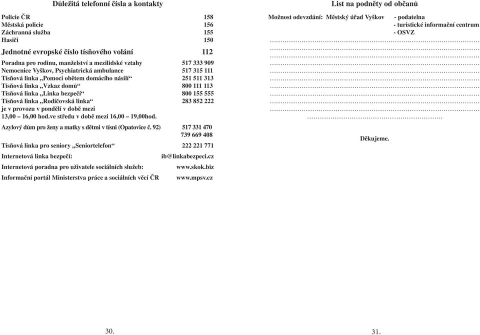 Tísňová linka Rodičovská linka 283 852 222 je v provozu v pondělí v době mezi 13,00 16,00 hod.ve středu v době mezi 16,00 19,00hod. Azylový dům pro ženy a matky s dětmi v tísni (Opatovice č.