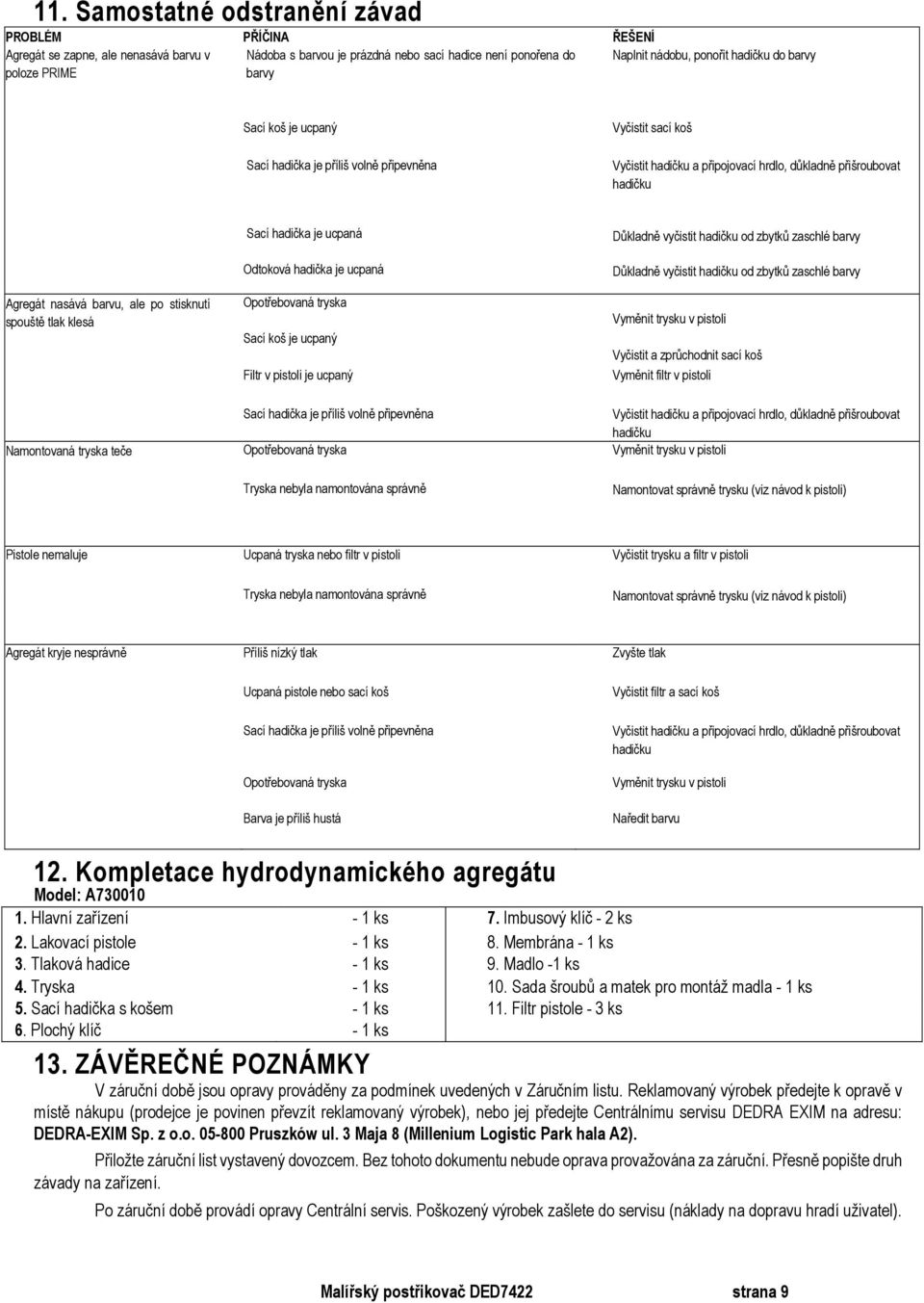 hadička je ucpaná Důkladně vyčistit hadičku od zbytků zaschlé barvy Důkladně vyčistit hadičku od zbytků zaschlé barvy Agregát nasává barvu, ale po stisknutí spouště tlak klesá Opotřebovaná tryska