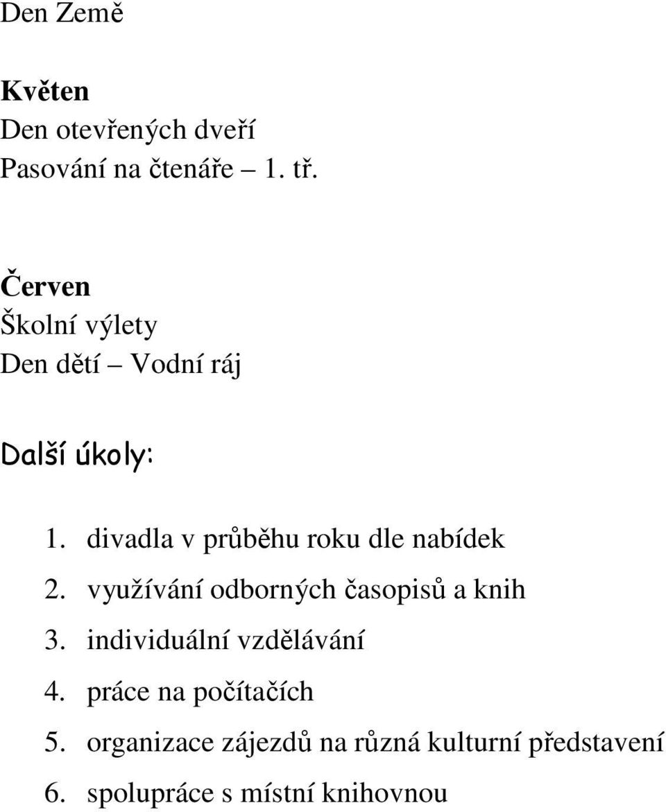 divadla v průběhu roku dle nabídek 2. využívání odborných časopisů a knih 3.