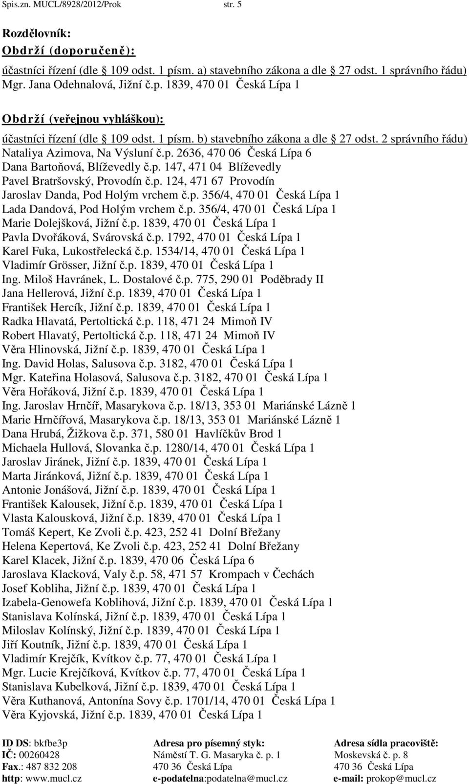 p. 124, 471 67 Provodín Jaroslav Danda, Pod Holým vrchem č.p. 356/4, 470 01 Česká Lípa 1 Lada Dandová, Pod Holým vrchem č.p. 356/4, 470 01 Česká Lípa 1 Marie Dolejšková, Jižní č.p. 1839, 470 01 Česká Lípa 1 Pavla Dvořáková, Svárovská č.