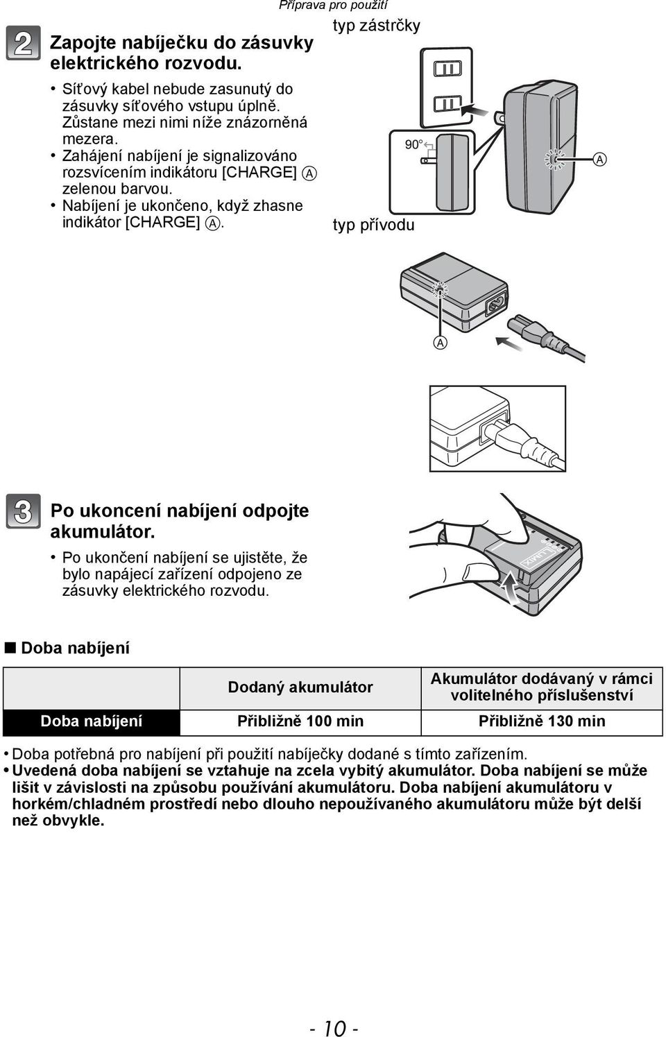 Příprava pro použití typ zástrčky typ přívodu Po ukoncení nabíjení odpojte akumulátor. Po ukončení nabíjení se ujistěte, že bylo napájecí zařízení odpojeno ze zásuvky elektrického rozvodu.