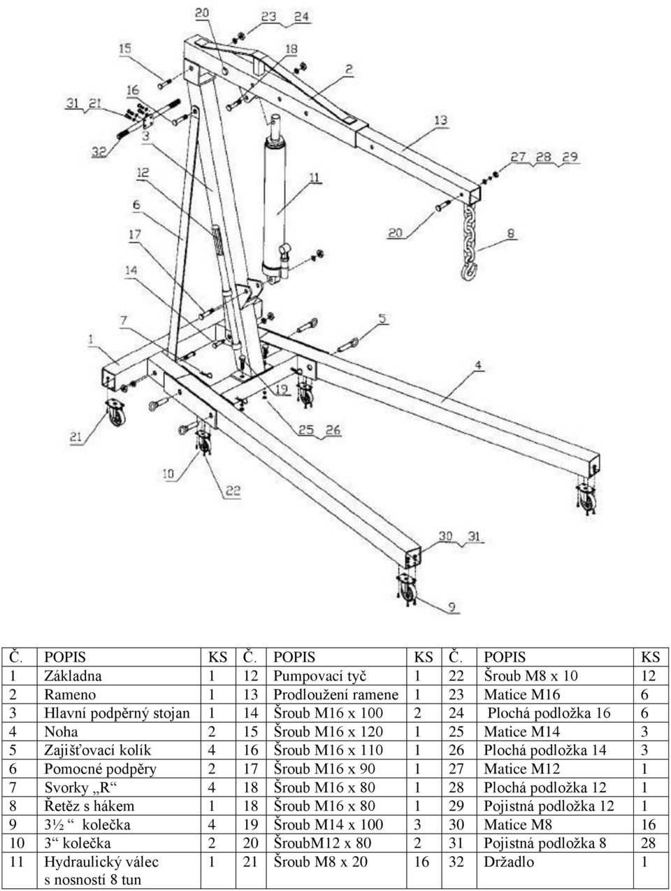 POPIS KS 1 Základna 1 12 Pumpovací tyč 1 22 Šroub M8 x 10 12 2 Rameno 1 13 Prodlouţení ramene 1 23 Matice M16 6 3 Hlavní podpěrný stojan 1 14 Šroub M16 x 100 2 24 Plochá