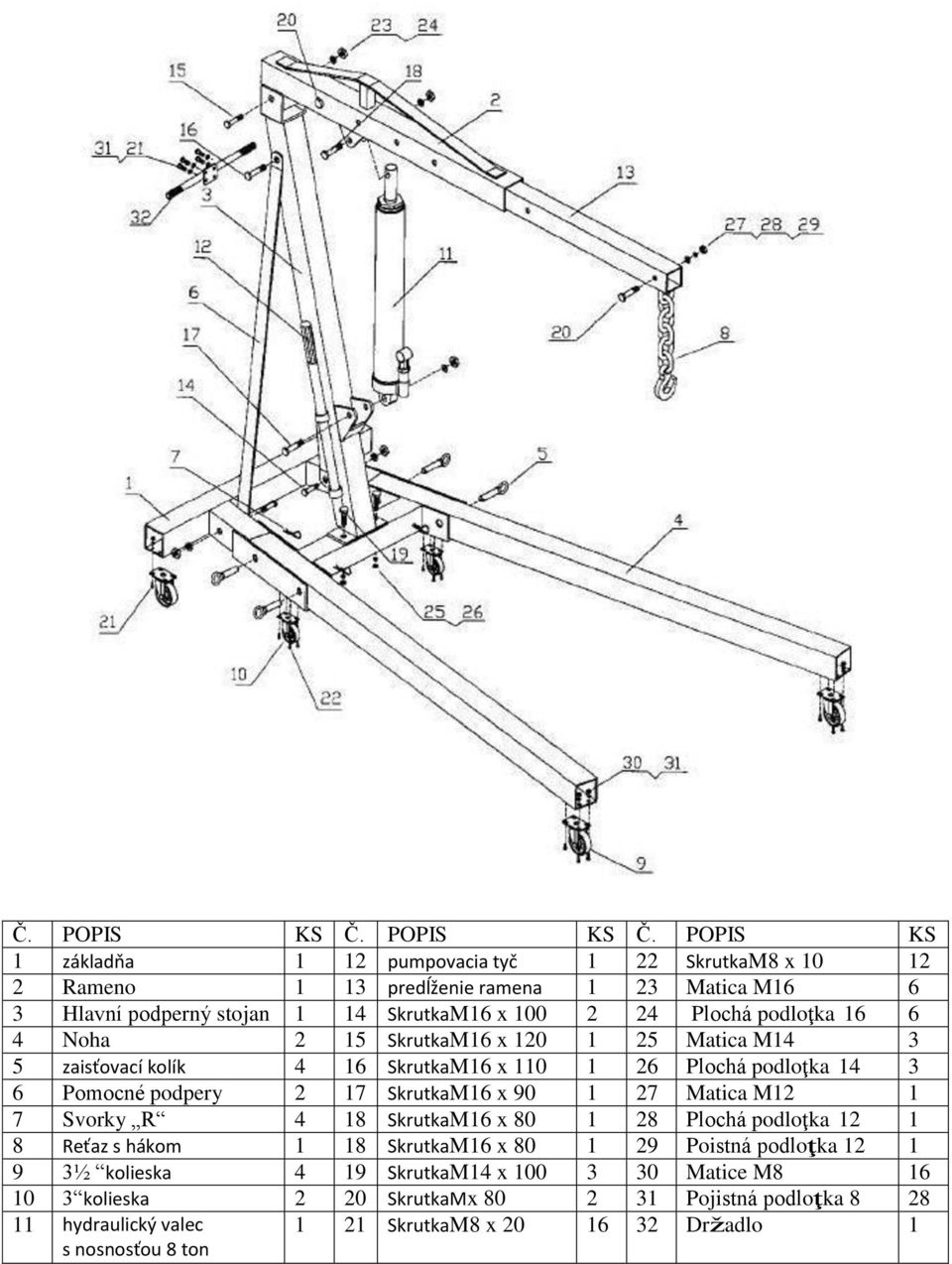 POPIS KS 1 základňa 1 12 pumpovacia tyč 1 22 SkrutkaM8 x 10 12 2 Rameno 1 13 predĺženie ramena 1 23 Matica M16 6 3 Hlavní podperný stojan 1 14 SkrutkaM16 x 100 2 24 Plochá
