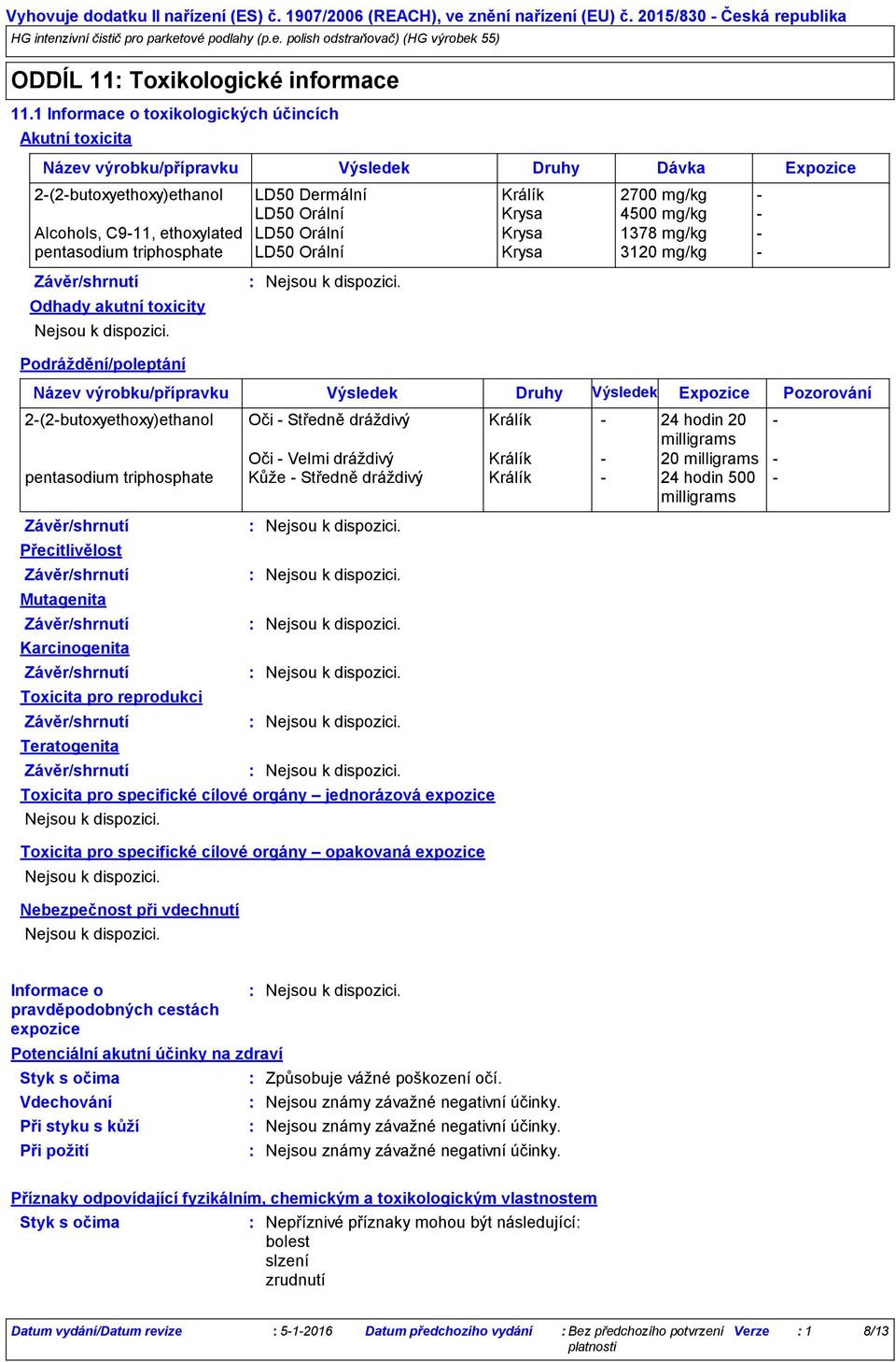Alcohols, C911, ethoxylated LD50 Orální Krysa 1378 mg/kg pentasodium triphosphate LD50 Orální Krysa 3120 mg/kg Odhady akutní toxicity Podráždění/poleptání Karcinogenita Název výrobku/přípravku