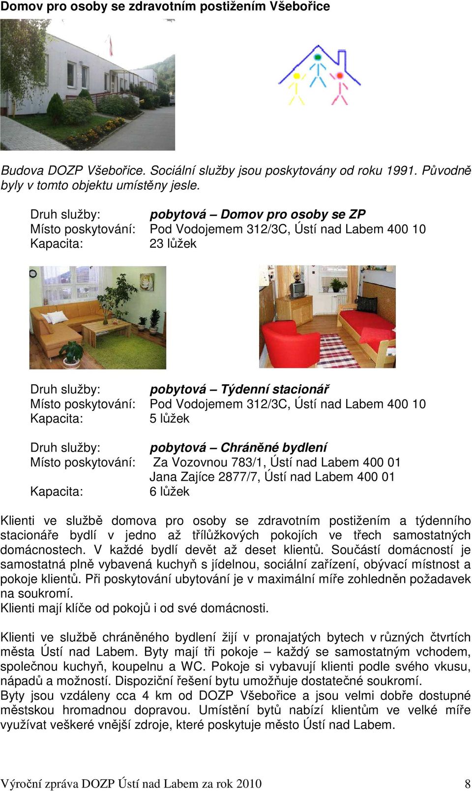 312/3C, Ústí nad Labem 400 10 Kapacita: 5 lůžek Druh služby: pobytová Chráněné bydlení Místo poskytování: Za Vozovnou 783/1, Ústí nad Labem 400 01 Jana Zajíce 2877/7, Ústí nad Labem 400 01 Kapacita: