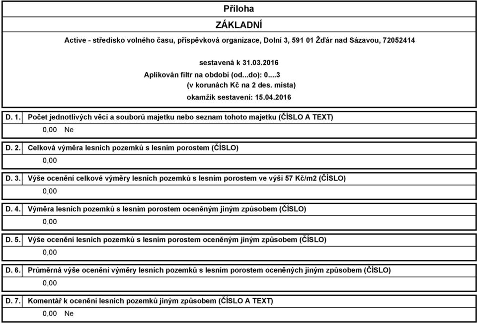 Výše ocenění celkové výměry lesních pozemků s lesním porostem ve výši 57 Kč/m2 (ČÍSLO) D. 4.