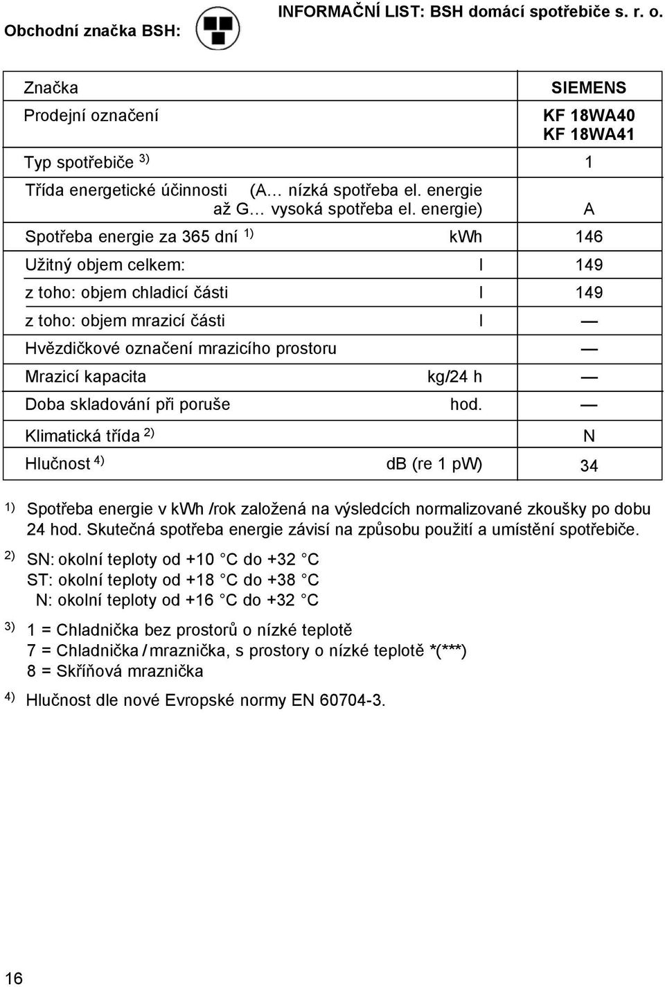 energie) A Spotřeba energie za 365 dní 1) kwh 146 Užitný objem celkem: l 149 z toho: objem chladicí části l 149 z toho: objem mrazicí části l Hvězdičkové označení mrazicího prostoru Mrazicí kapacita