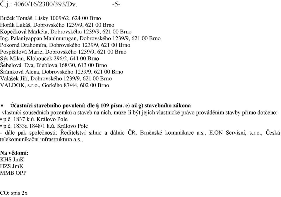 Šebelová Eva, Bieblova 168/30, 613 00 Brno Šrámková Alena, Dobrovského 1239/9, 621 00 Brno Valášek Jiří, Dobrovského 1239/9, 621 00 Brno VALDOK, s.r.o., Gorkého 87/44, 602 00 Brno Účastníci stavebního povolení: dle 109 písm.