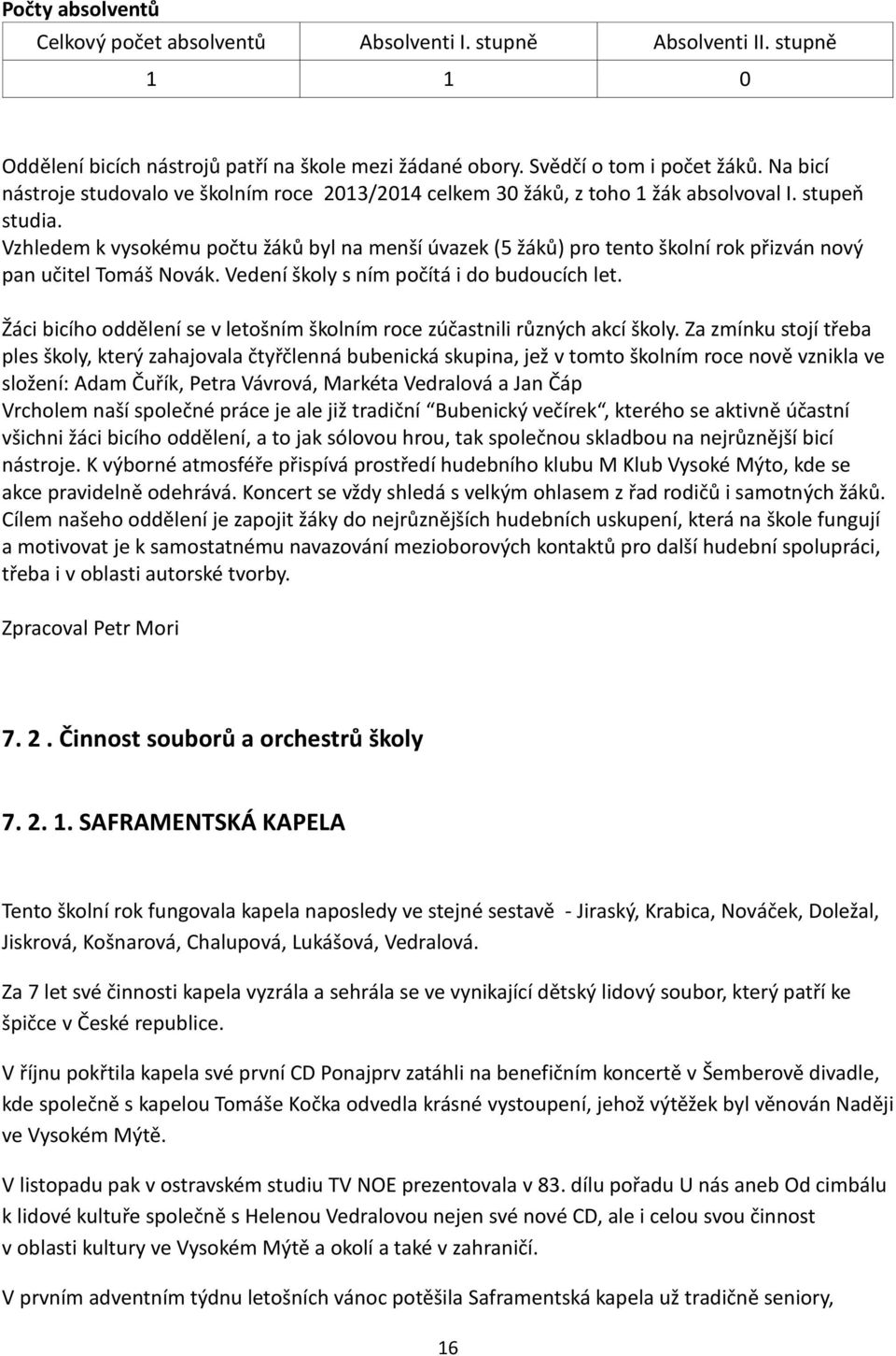 Vzhledem k vysokému počtu žáků byl na menší úvazek (5 žáků) pro tento školní rok přizván nový pan učitel Tomáš Novák. Vedení školy s ním počítá i do budoucích let.