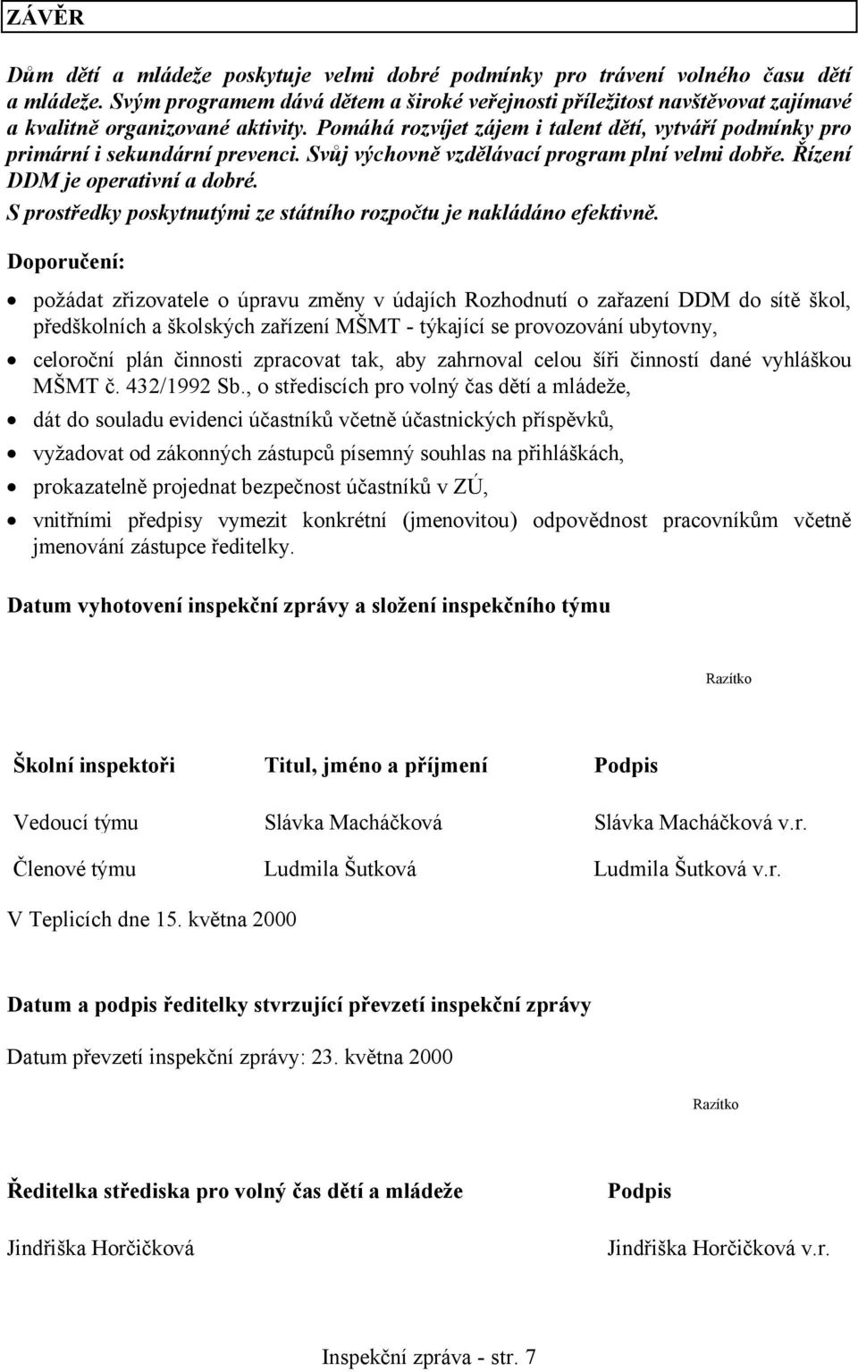 Pomáhá rozvíjet zájem i talent dětí, vytváří podmínky pro primární i sekundární prevenci. Svůj výchovně vzdělávací program plní velmi dobře. Řízení DDM je operativní a dobré.